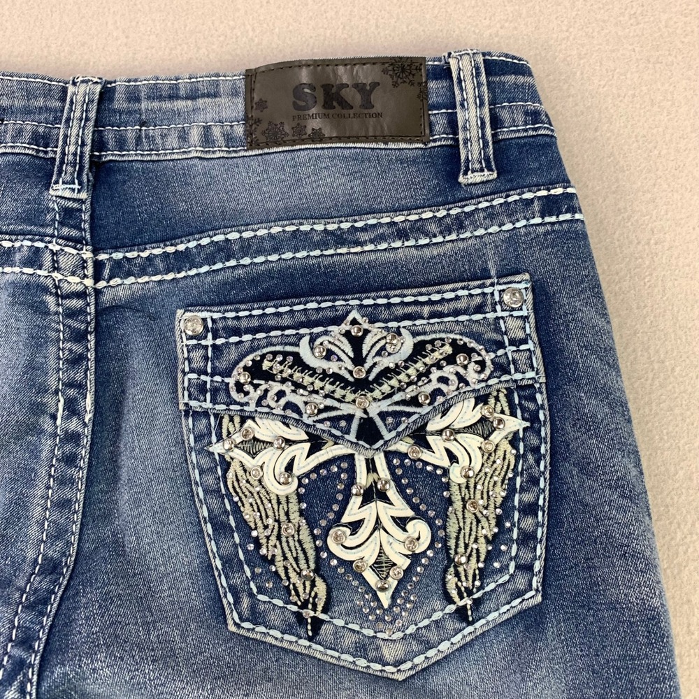 Y2K SKY Flare Jeans Women 11/12 Blue Thick Stitch Rhinestone Embellished Stretch